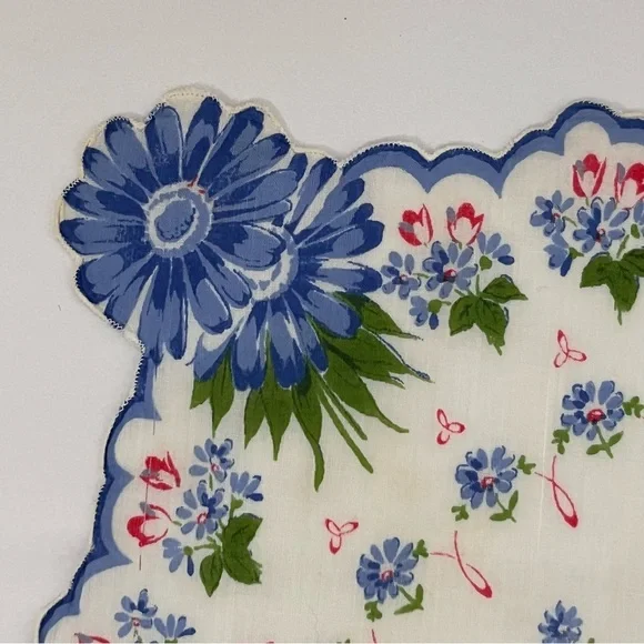 Vintage Floral Handkerchief Blue Flowers Cottagecore Decor Hanky 13” - Picture 7 of 7